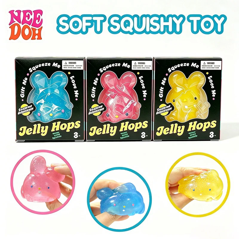 Needoh Jelly Hops Cute Bunny Squishy Toy TPR Glitter Clear Fidget Squeeze Stretch Stress Relief for Autism ADHD Sensory Relaxing