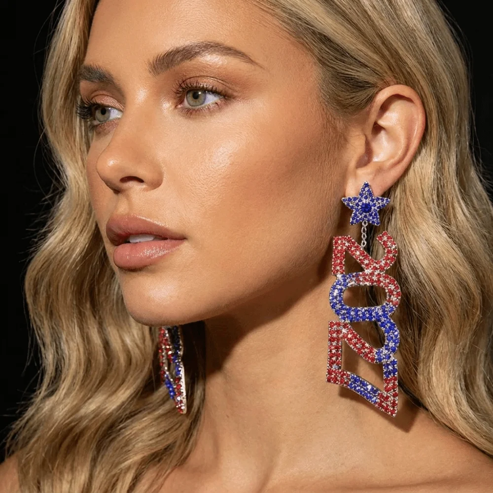 Luxury Elegant 2027 Digital Earrings Fashion Long Drop New Year Earrings Shiny Rhinestone Long Drop Earring Celebration Holiday