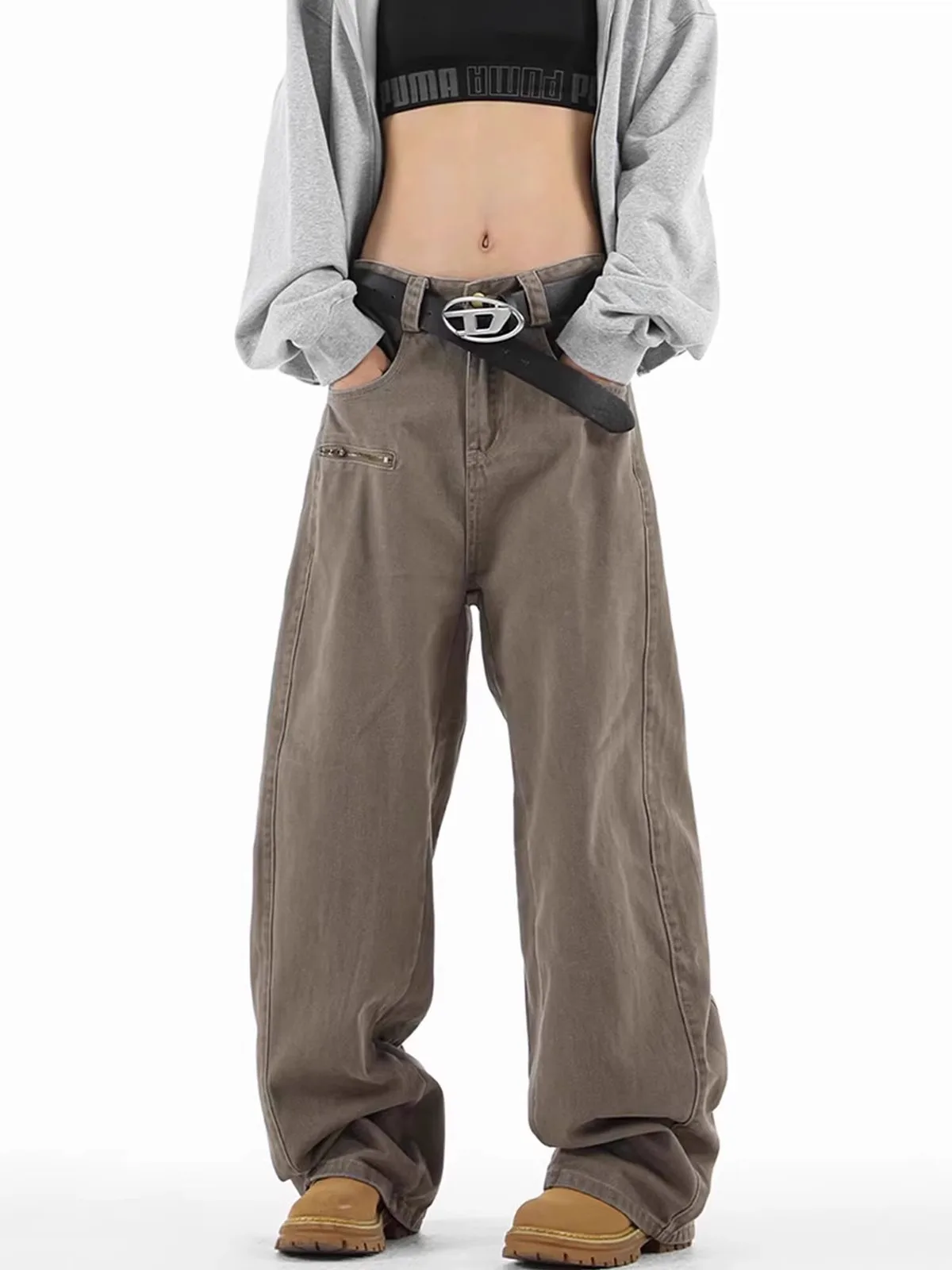 

ay Brown Straight Leg Casual Pants Men's Spring Faion American Retro Knife High Street Mella Bell Bot