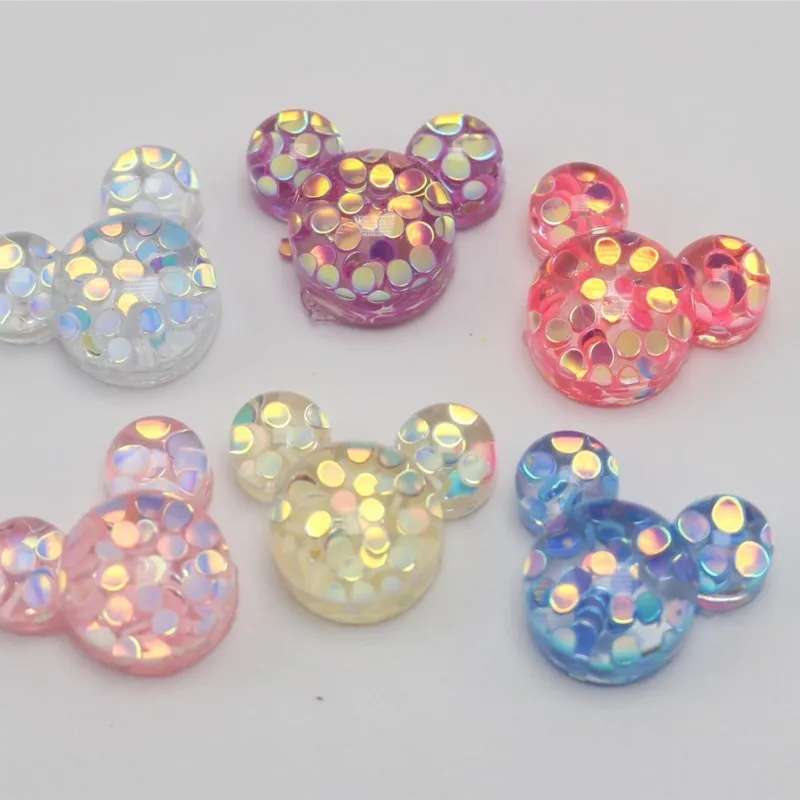 50 Mixed Color Flatback Resin Glitter Crystal Mouse Face Cabachons 15X13mm