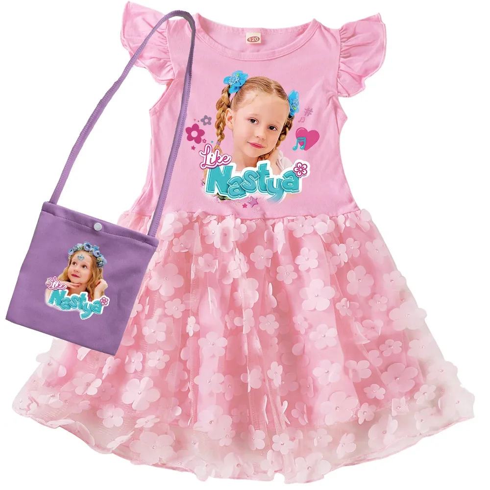 Russian Like Nastya Clothes Kids Wedding Party Lace Dress Baby Girls Short Sleeve Casual Dresses with Small Bag Children Vestido