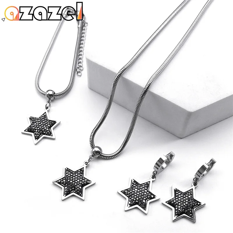 Israel Magen Star of David Jewelry Set Women Men Stainless Steel Jewish Hexagram Amulet Snake Chain Necklace Earrings Bracelet