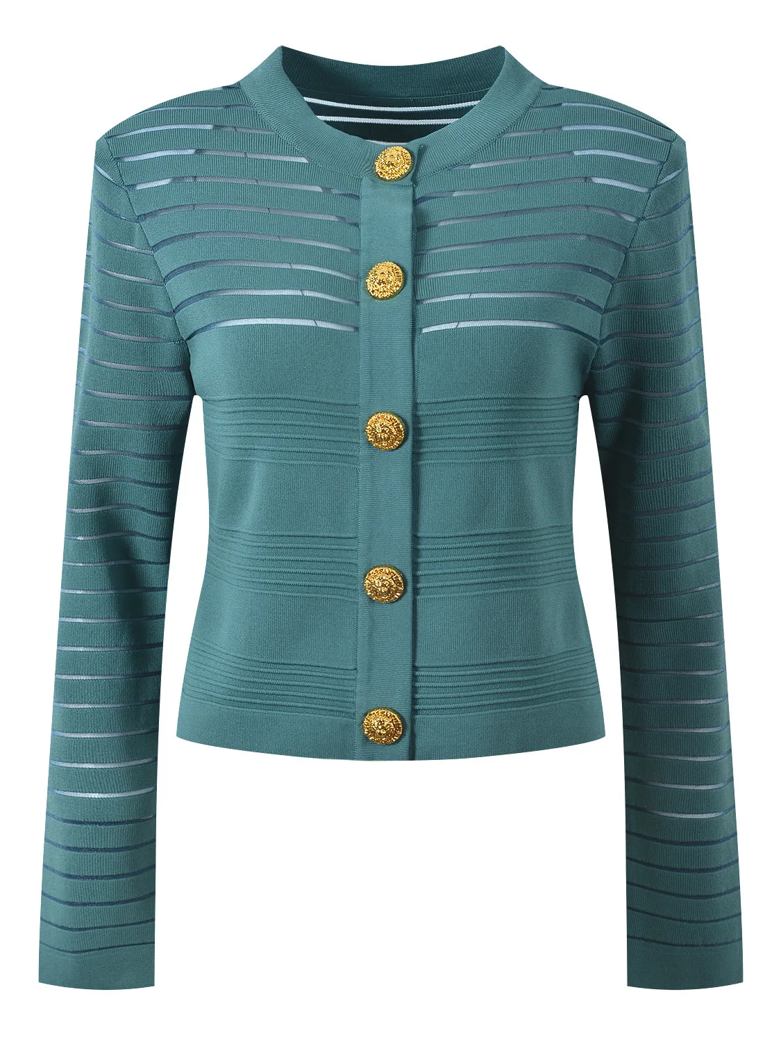 

High-End Parisian Noblewoman Style Knitted Open Cardigan Women's round Neck Hollow out Striped Top Long Sleeve Short Length