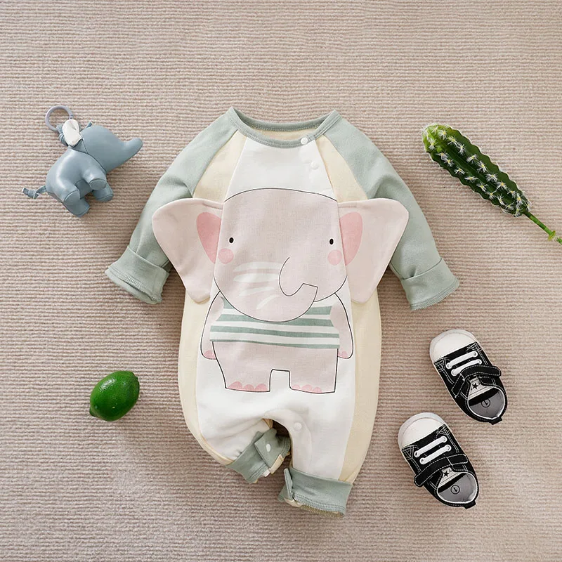 Spring And Autumn Boys And Girls Cute Cartoon Elephant 3d Printed Cotton Comfortable Long Sleeve Baby Bodysuit