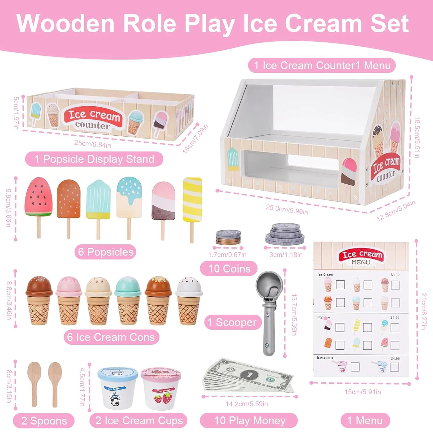 Wooden Ice Cream Toys for Toddler, Play Store Pretend Food Kitchen Accessories with Scoop & Menu & Toy Cash,Christmas Gift