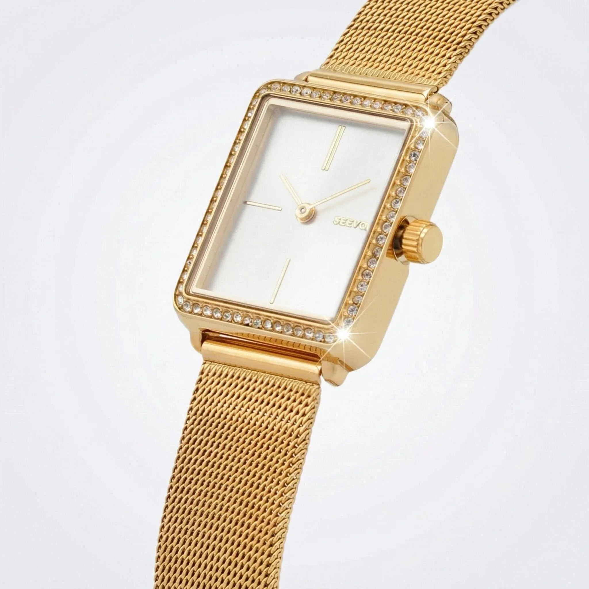 Top Quality Women Small Square Watch Gold Ultra Thin Stainless Steel Case Diamond-Studded Luxury Quartz Reloj Milanese Mesh Band
