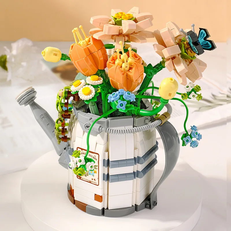 Creative Watering Can Potted Assembled Building Blocks Flower Plant Bonsai Bouquet 3d Model Decoration DIY Children\'s Toy Gift