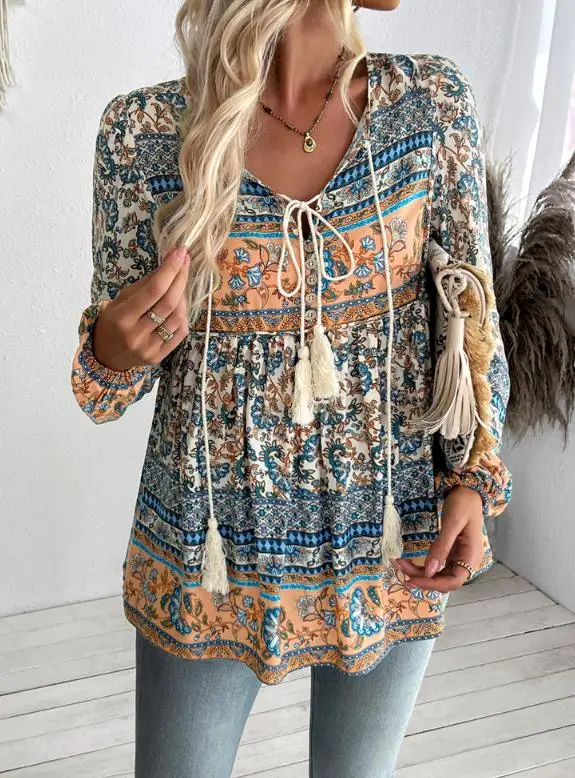 

Women Top 2026 Summer Loose Bohemian Style Printed Lace Up Decoration Lantern Sleeves Casual Vacation Style Versatile Loose Top