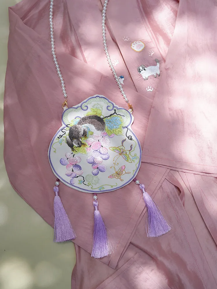 Women Chinese Traditional Hanfu Embroidered Crossbody Bag Squirrel Grape Pattern Pearl Strap Tassel Decor Versatile Daily Use