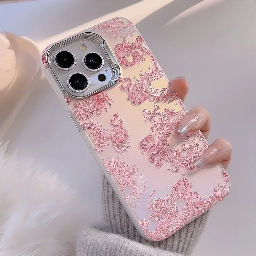 Funda de teléfono a prueba de golpes para iPhone, carcasa de dibujos animados láser, rosa, dragón, Relif, 3D, Feliz Año Nuevo, 11, 12, Promax, 13,