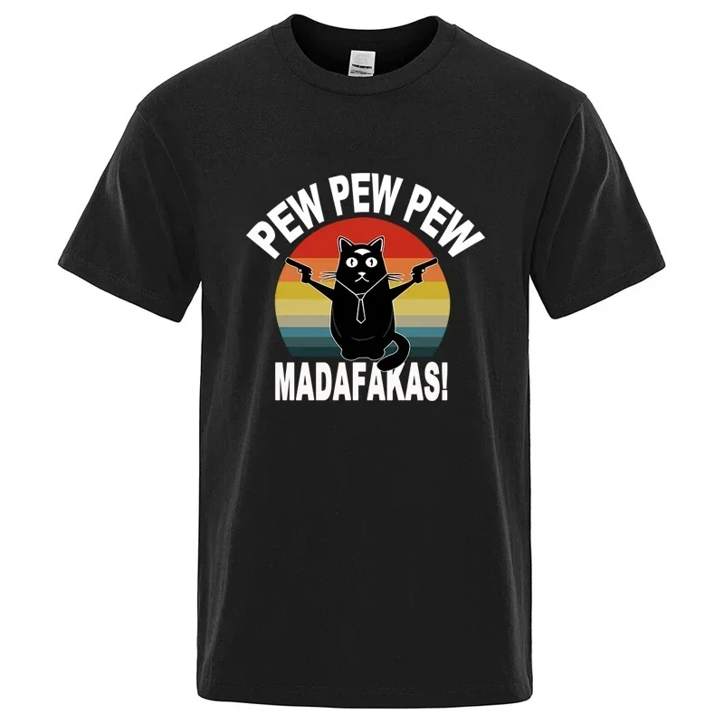 Funny Retro Sunset Cat Gun PEW PEW PEW Print T-shirt Unisex Male Short Sleeve Tee Casual Streetwear Summer Top for Men Women