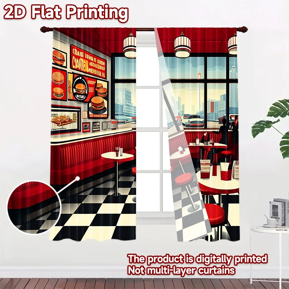 2D flat 2pcs Curtain Vintage drapes and curtains Retro Diner Interior Durable polyester fiber Festive Wall Decor Perfect for Art