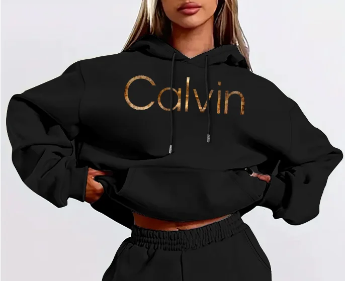 Set con Stampa Grafica Calvin, Felpa Girocollo e Pantaloni, Abbigliamento Casual da Donna, Felpa con Cappuccio alla Moda HipHop, Stile Harajuku Unisex