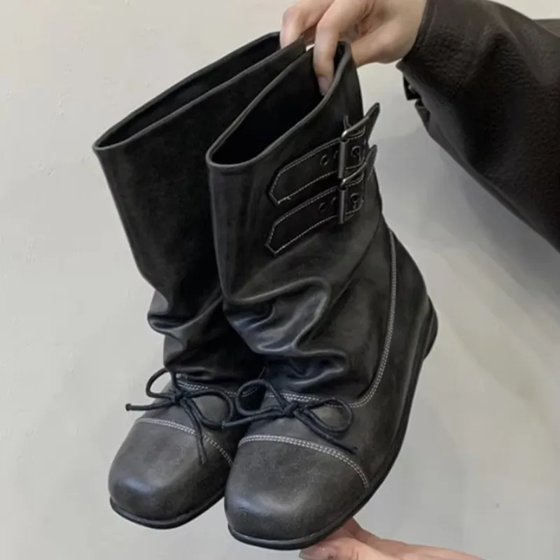 Aneikeh Women Vintage Distressed Leather Slouch Mid Calf Boots Double Buckle Strap Round Toe Flat Lace Up Motorcycle Boots