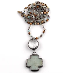 RH Fashion Bohemian Jewelry Necklace 4mm Beaded Stone Knotted Antique Stone Cross Pendant Necklaces For Women Festival Gift