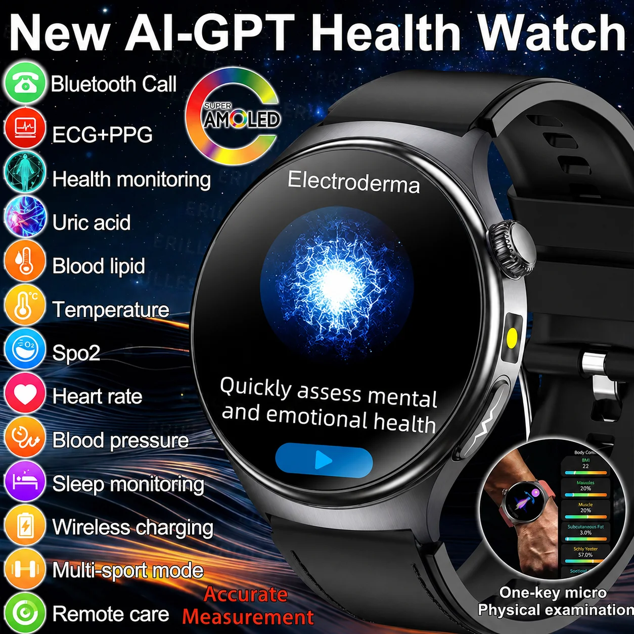 2026 New Care ECG Accurate Smart Watch Health analysis Blood lipids Uric acid Blood Pressure Body Fat Voice Call Smartwatch Man