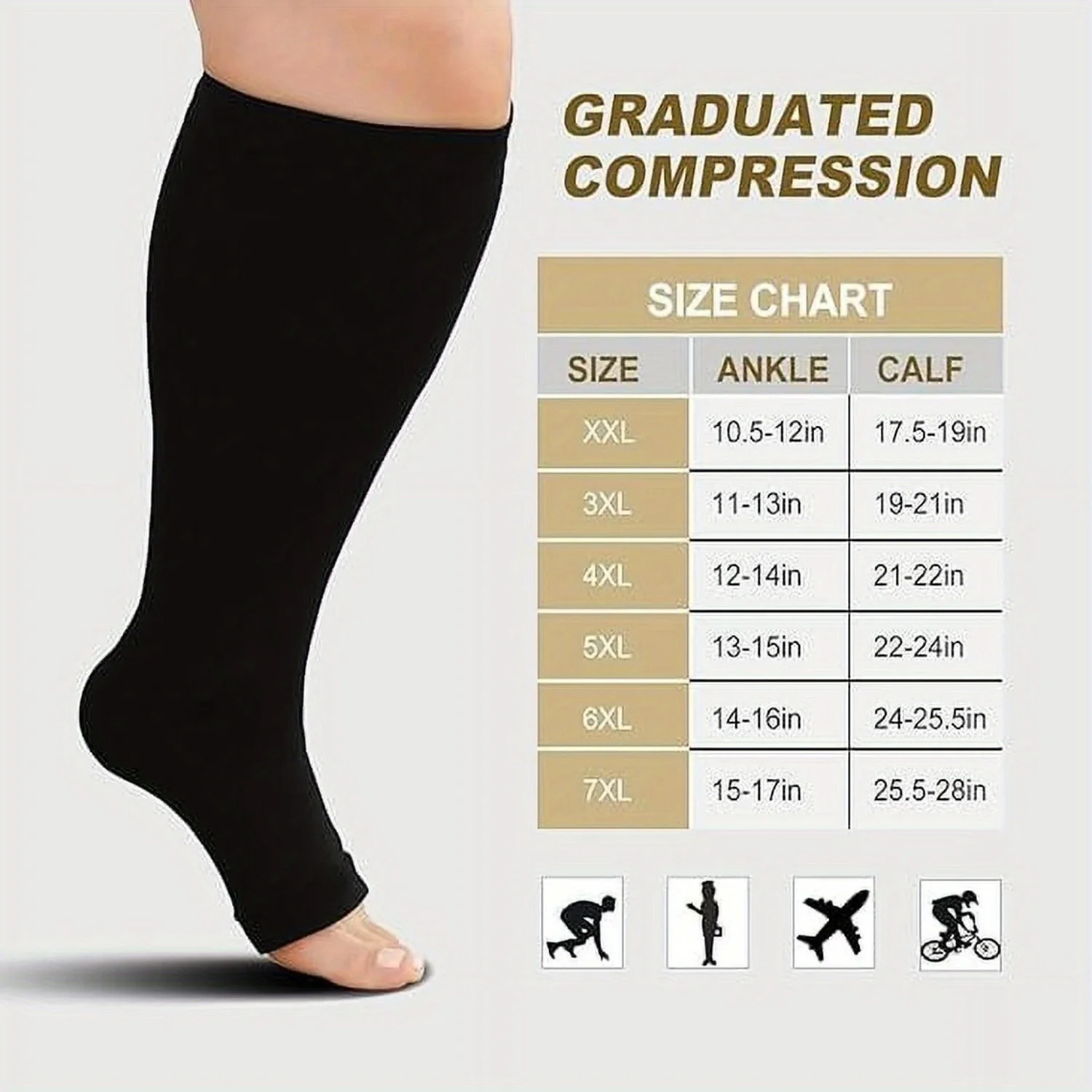 1Pair Plus Size Compression Socks: Open Toe Wide Calf Compression Socks for Women and Men Knee High Toeless Nurse Travel