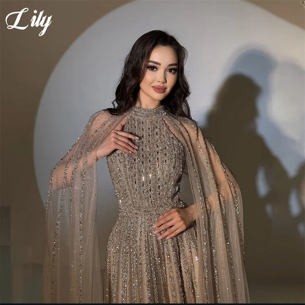 Lily Champagne High Neck Party Dress Beaded Long Cape Sleeve Evening Dresses Pleated فستان سهرة A Line Prom Gown Customized