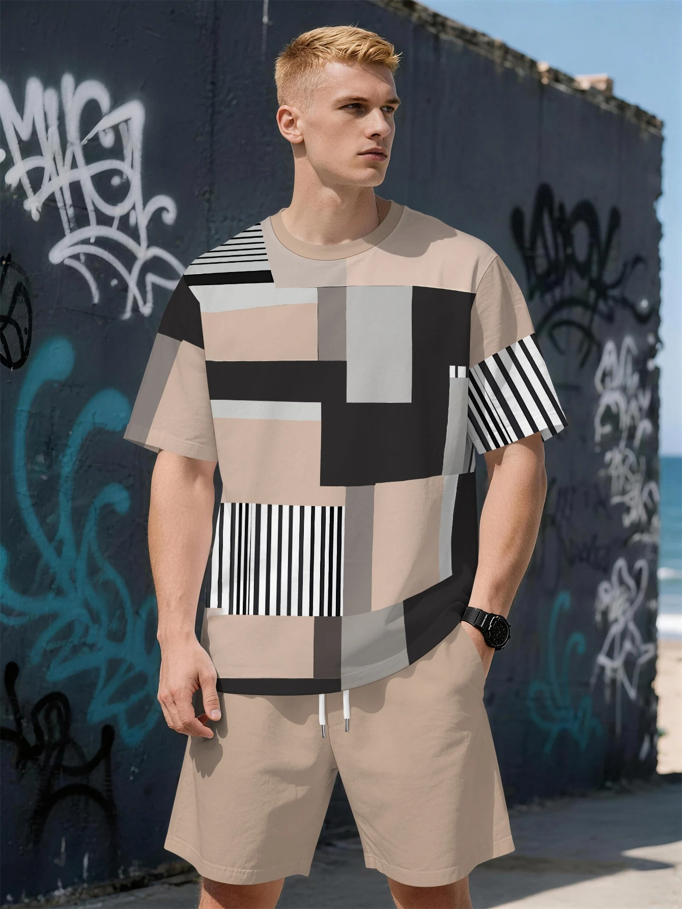 

2026 Summer New Men's Short-Sleeved Set with 3D Stripes Pattern Print for Street Casual Fashion with Breathable Design