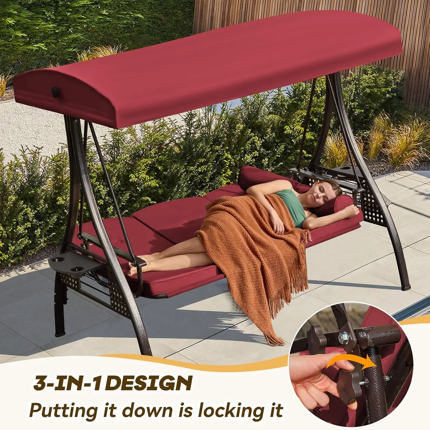3 in 1 Outdoor Porch Swing with Adjustable Canopy, 3 Seat Outdoor Swing for Adults, Patio Swing Chair, Customized