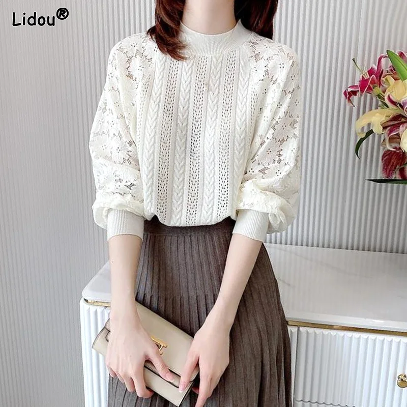 Round Neck Hollow Out Lace Sexy Temperament Bottoming Casual Fashion Popularity Solid Autumn Winter Thin Women's Clothing Sweet