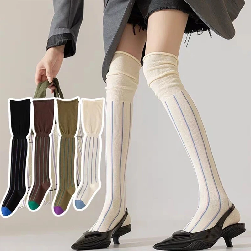 

Women Vertical Stripes Clashing Color Stripes Long Stacked Socks Loose-fitting Knee-high Socks Pure Colored Thin Socks Calf Sock