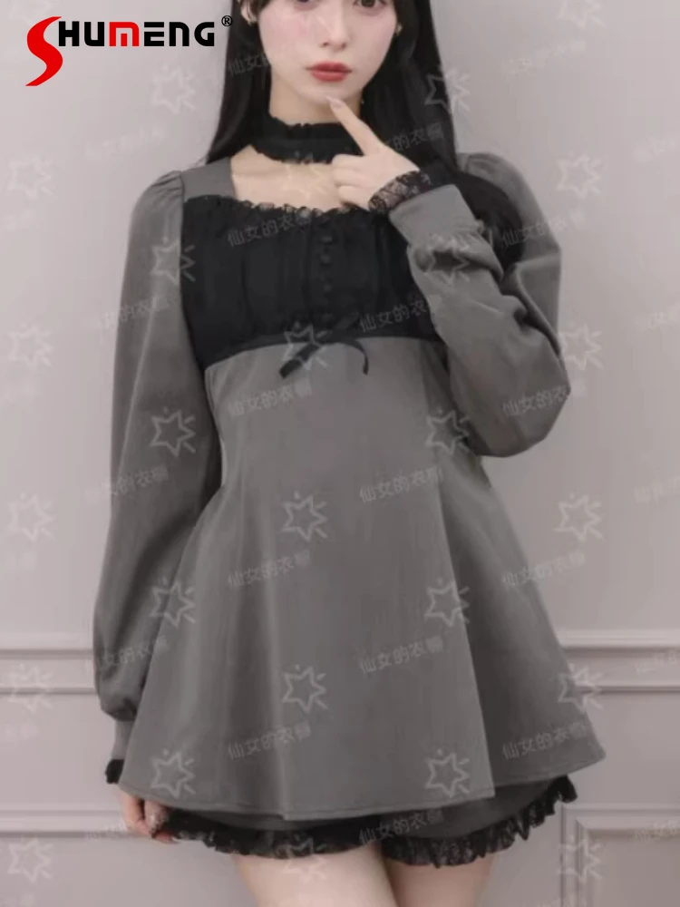 

Japanese Style Elegant Sweet Cute Choker Square Neck Lace Bow Long Sleeve Mini Dress High-waisted Shorts Two-piece Set for Women