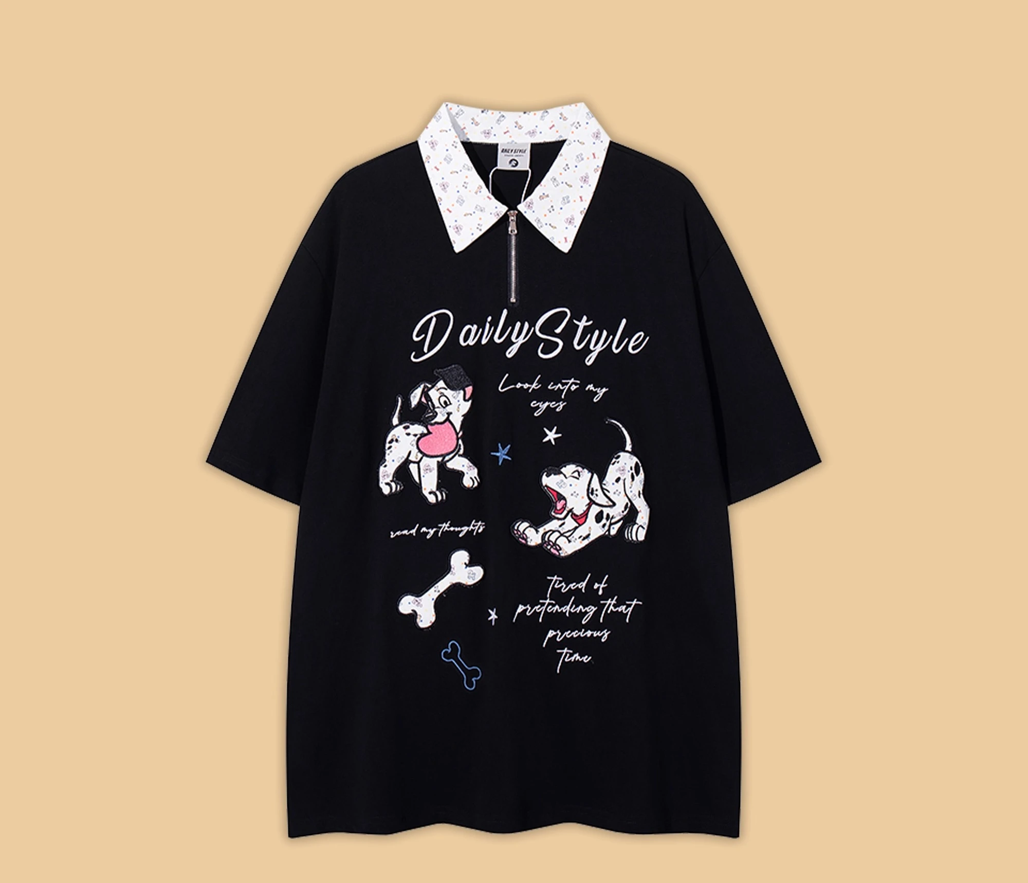 2025 여름 신상 작은 꽃 자수 고양이 폴로 칼라 반팔 살구색 티셔츠 일본풍 스윗 디자인 루즈핏 블랙 탑