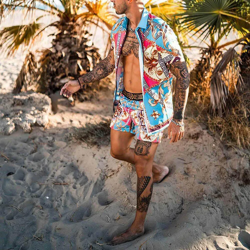 2024 Summer explosive Men's Beach Printed Shirt set Fashion Trend Loose Casual Short-sleeved Shorts Men's Two-piece set