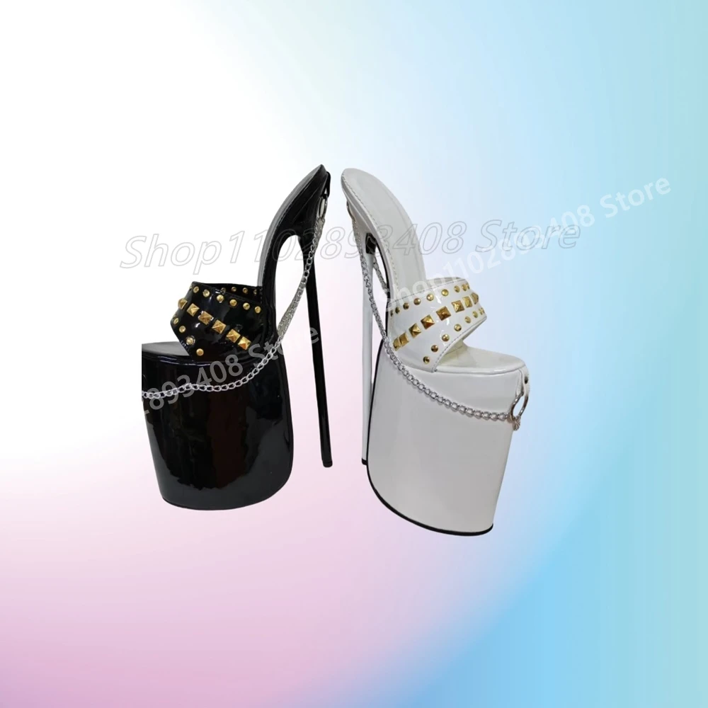 

Black and White Metal Chain Rivets Decor Slippers Patent Leather Stiletto High Heel Party Hot Girls 2025 Women Shoes Para Mujere