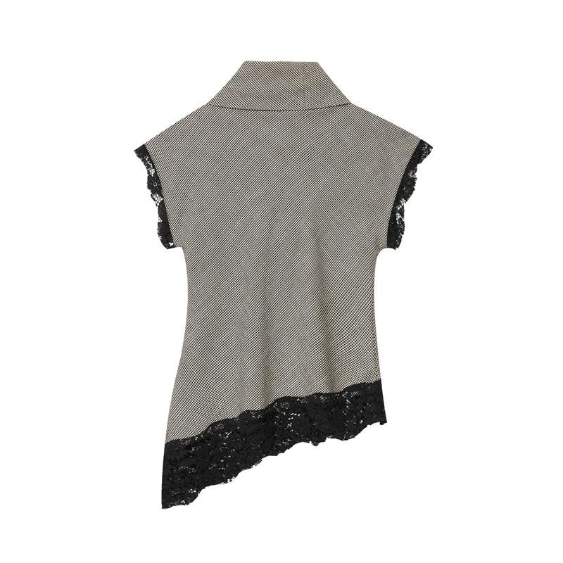 Top de cuello alto de pata de gallo para mujer con ribete de encaje negro - Blusa de punto sin mangas con dobladillo asimétrico para un estilo elegante
