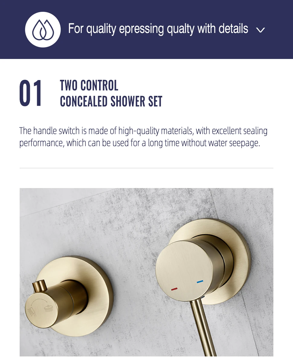 Dusch system aus gebürstetem Gold Set Bad Wasserhahn Decke 8 "-12'' Regen Dusch kopf 2 Wege Umlenker mit Misch ventil Messing Kit – Detail 8