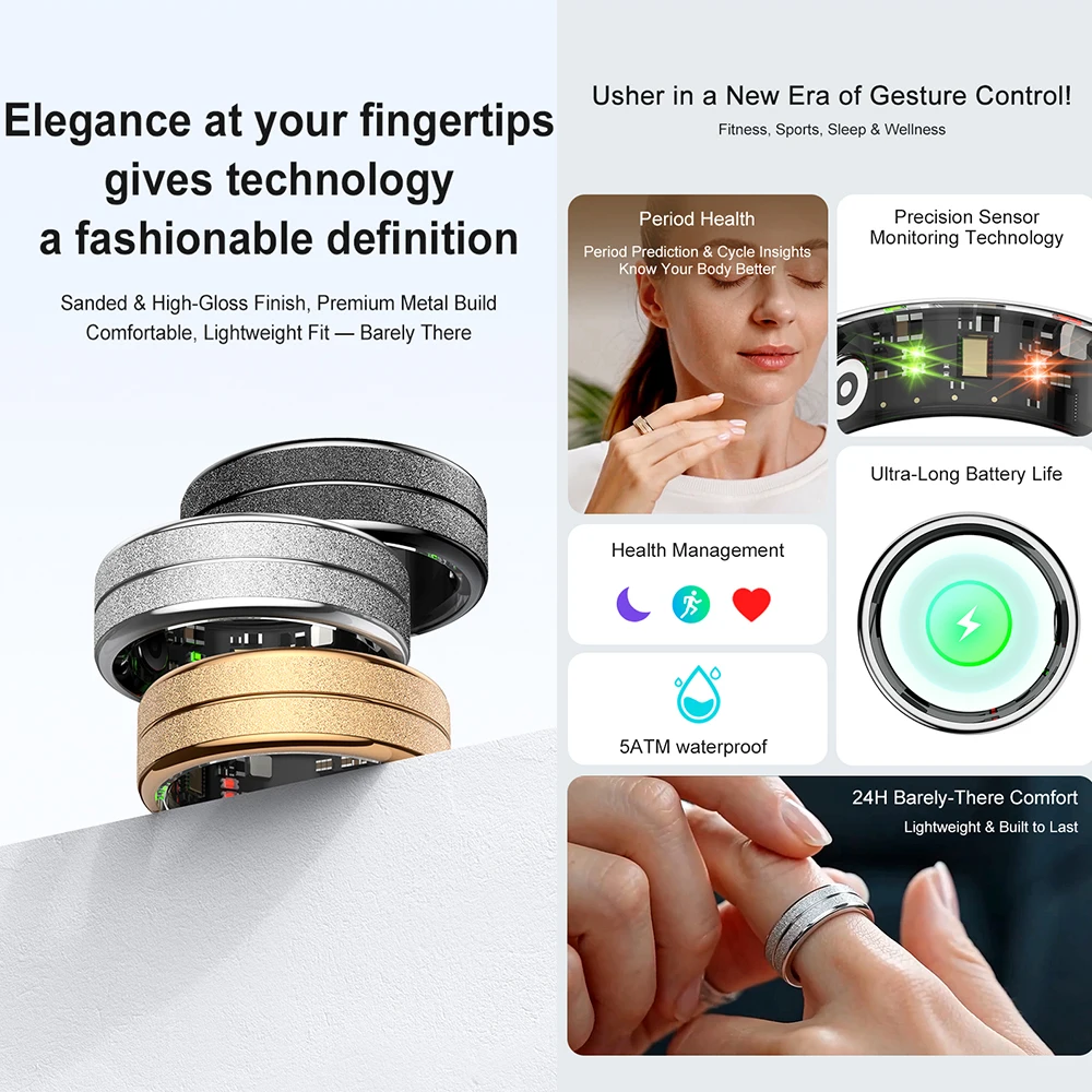 New R04S Men Women Smart Ring Fitness Tracker 5ATM Waterproof Sanded Matte Stainless Steel Health SpO2 Sleep Monitor Finger Ring