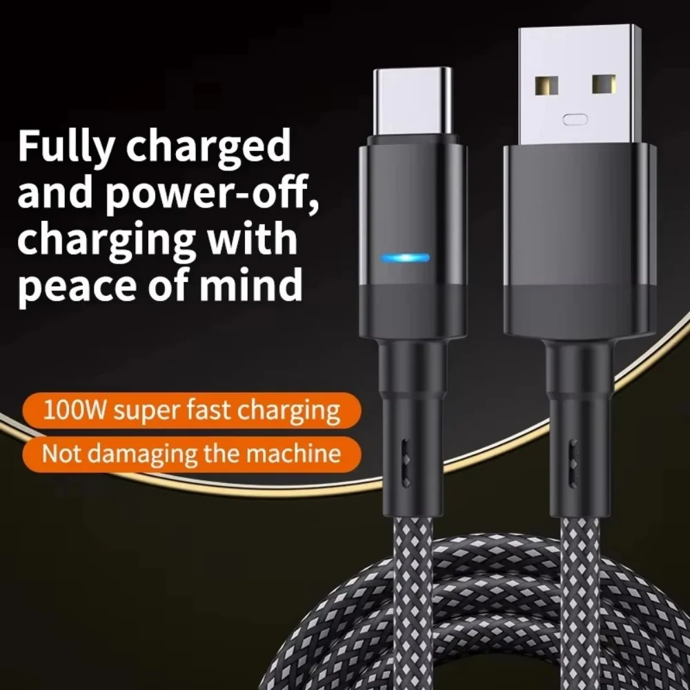 100W 6A USB A to Type C Fast Charging Cable Nylon Braided Auto Power Off Cable Cord For Samsung Xiaomi Huawei 1M 1.5M 2M Cable