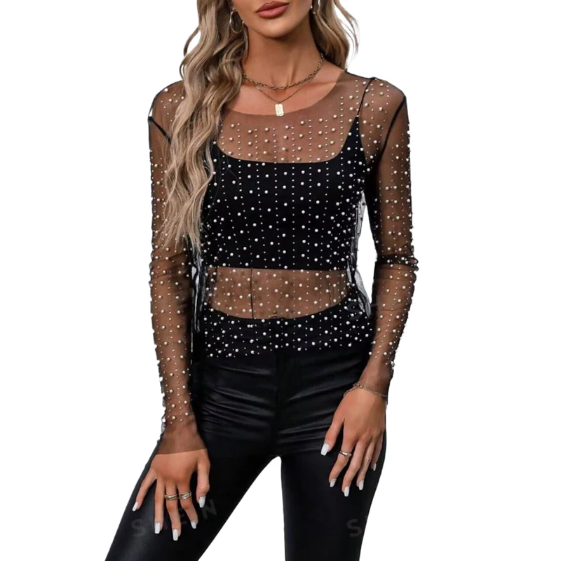 Damen Strass-Transparent-Netz-Top Funkelndes Perlen-Transparent-T-Shirt Bluse Sexy Clubwear Party Festival Rave Konzert Y2K Outfits – Detail 2