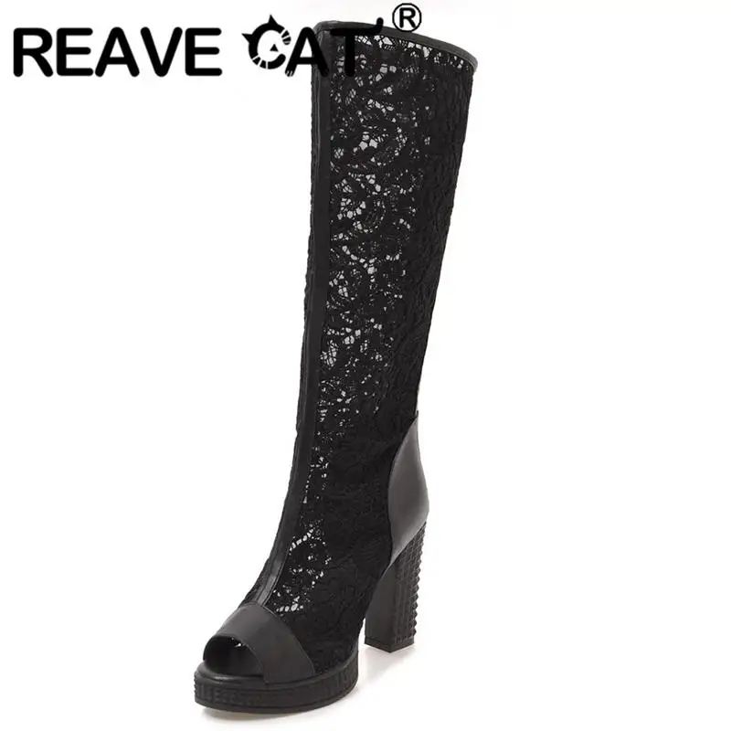 REAVE CAT Ladies Summer Boots Peep Toe Chunky Heels Lace Mesh Splice Big Size 33-43 Black Whiete Fashion Sexy S4036