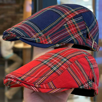 Retro Red Plaid Berets for Women Men British Girls Sweet Cool Bonnet Korean Style Flat Top Berets Hat Female Retro Painter Cap