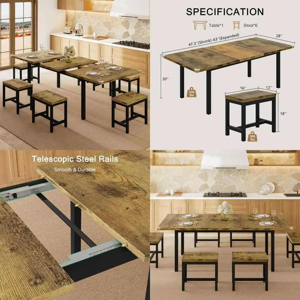 طقم طعام حديث مكون من 7 قطع من منتصف القرن مع 63 طاولة قابلة للتمديد و6 مقاعد وإطار معدني وبناء MDF #1