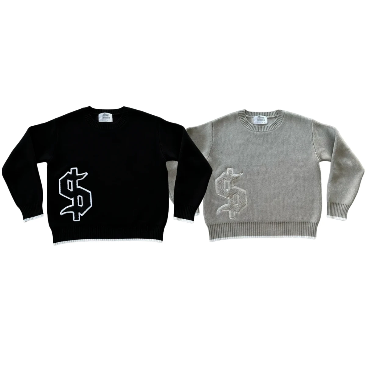 

Dollar Graphics Embroidered Black Knit Loose Sweater Fashionable Letter Style Unisex Gothic Hip Hop Y2K Retro Round Neck Sweater