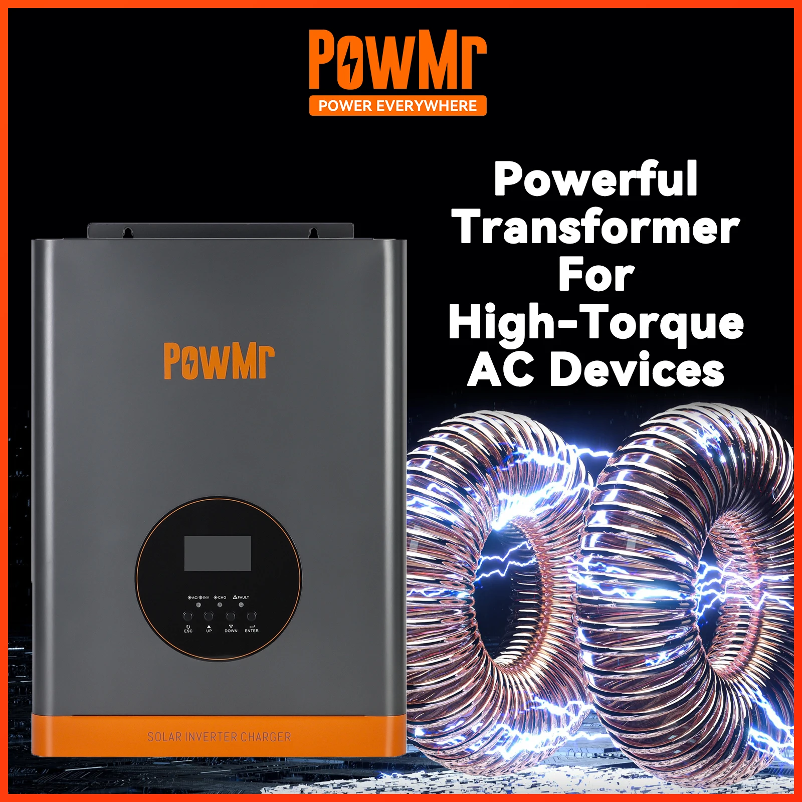 PowMr 높은 AC 부하 하이브리드 태양광 인버터, 저주파, 강력한 변압기, MPPT 60A 오프 그리드, 3KW, 24V