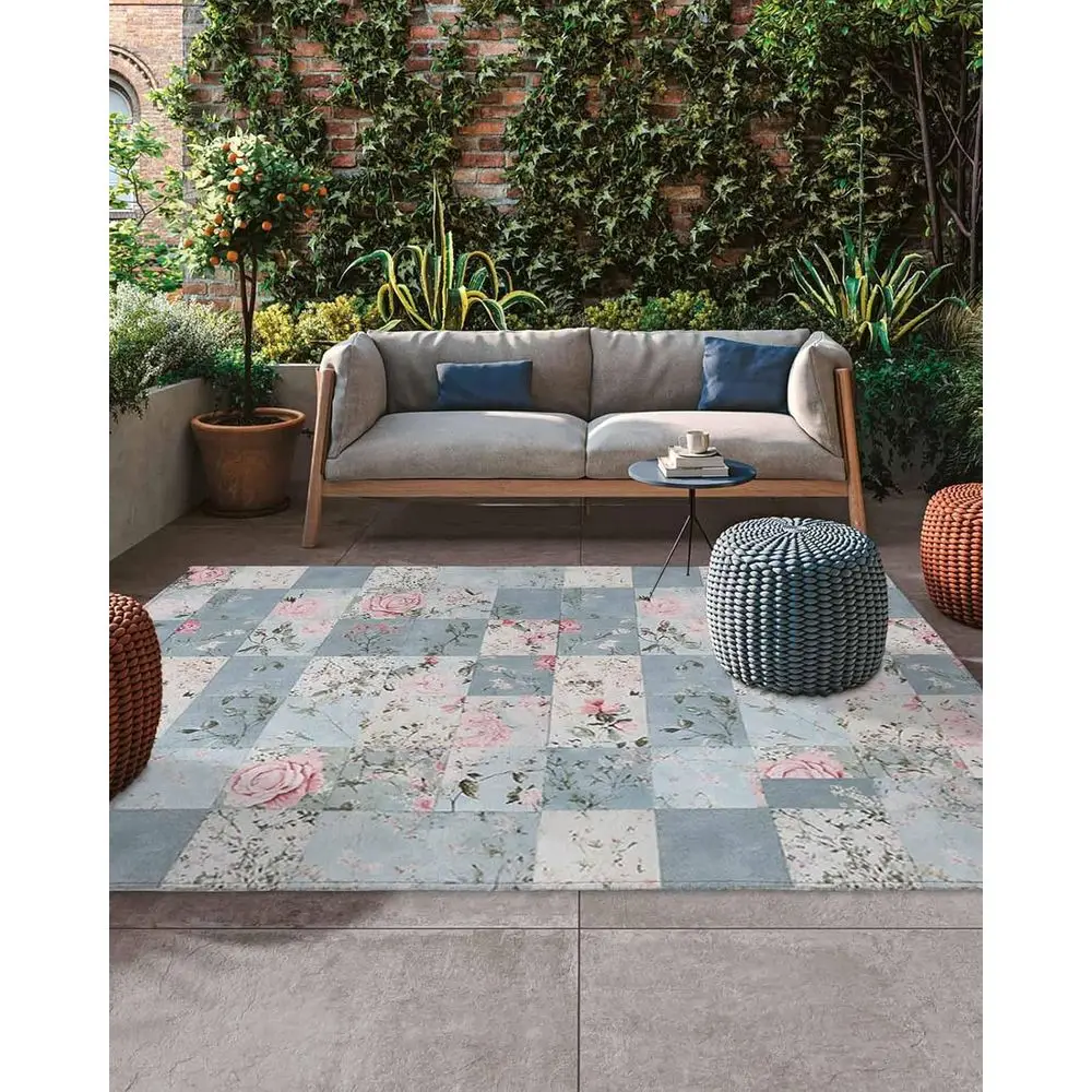 

Farmhouse-Style Pink Flower Outdoor Rug, 5x8 ft, for Patio, Deck, Porch - Blue Splicing, Washable, Rustic Leaf Design