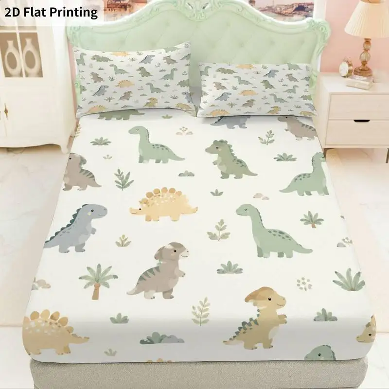 3Pcs Dinosaurpastel Fitted Sheet Three Piece Set (1*Fitted Sheet + 2*Pillowcases, Coreless), Bedding Set.