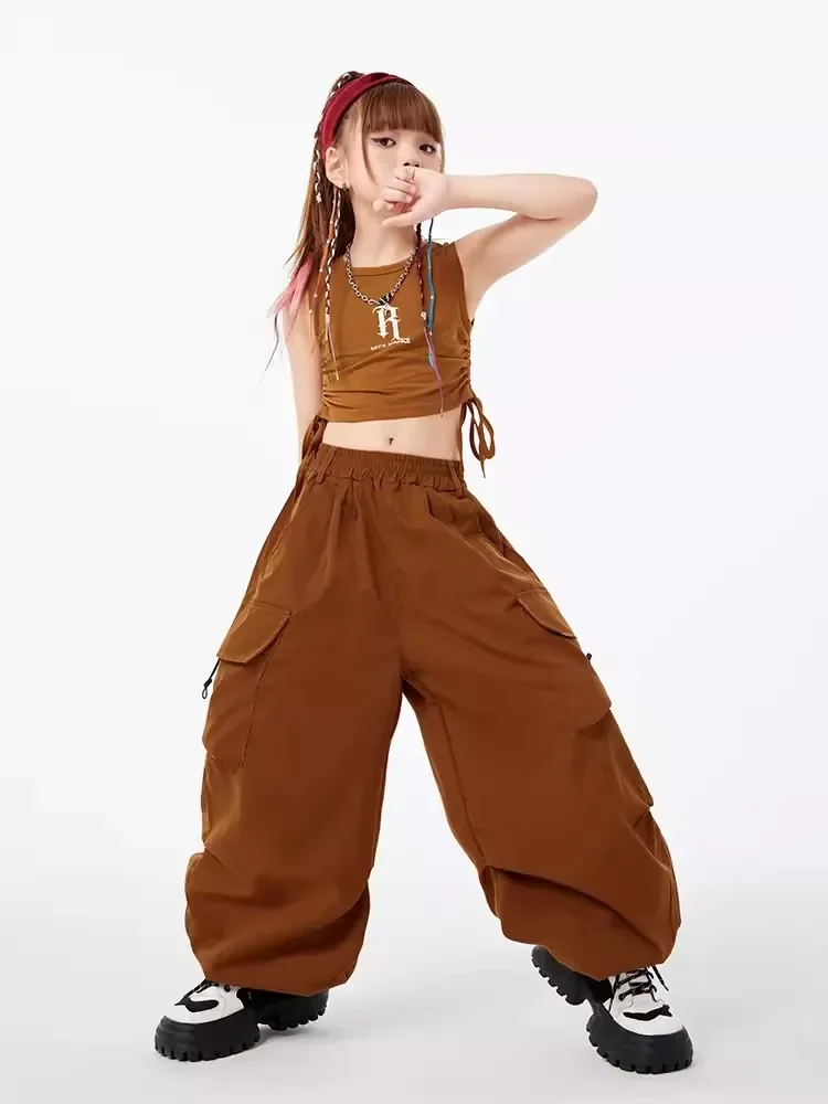 Street Dance Hiphop Performance Outfits Rave Jazz Dance Costume Girls Hip Hop Clothing Crop Tops Loose Cargo Pants Kids