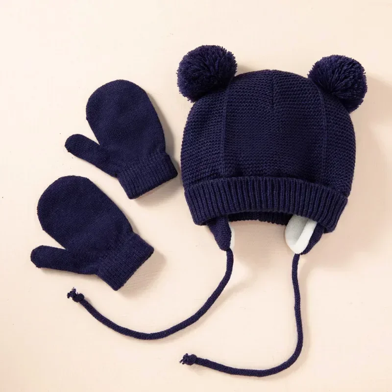 Cute Knitted Pompom Baby Hat Thick Warm Girl Boy Beanie Winter Ear Warm Cap Set Kids Gloves Hats Bonnet Muts For Newborn