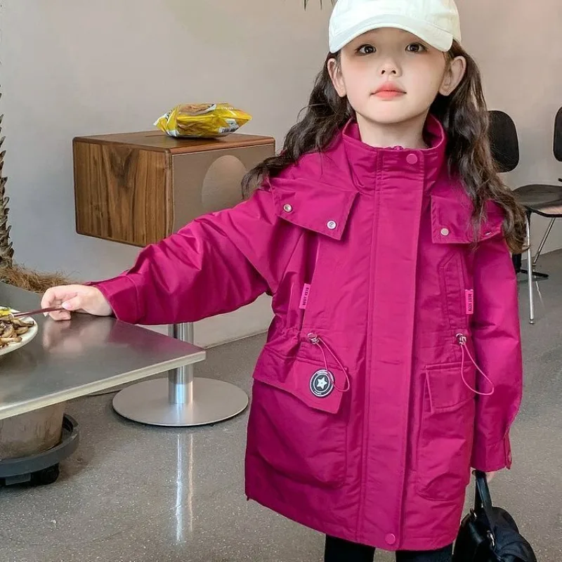 2025 Autumn New Girl's Waterproof Windbreaker Jacket with Hood Kids Mid Length Tactical Jacket for Children Stylish Durable