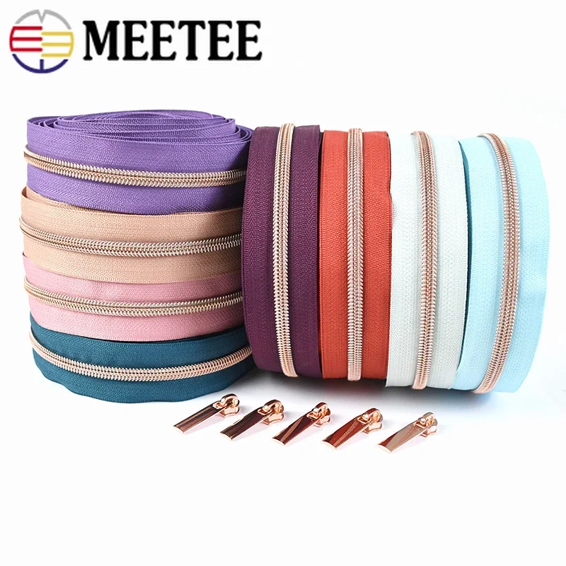 

5Meters 5# Nylon Coil Zipper Tape with RoseGold Decorative Zippers Slider Puller Bag Clothes Sewing DIY Garment Accessories