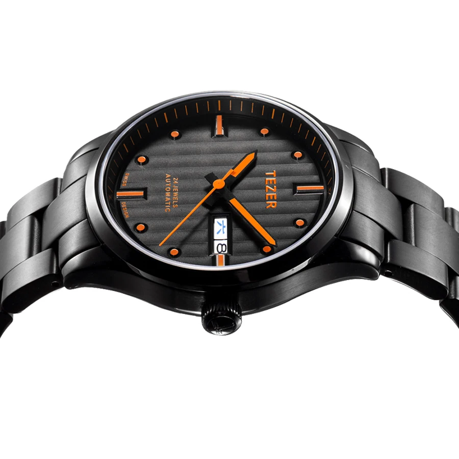 TEZER Men Automatic Watch | All Black Steel Band | Black Textured Dial | Day Date | 5ATM Waterproof Mechanical Wristwatch