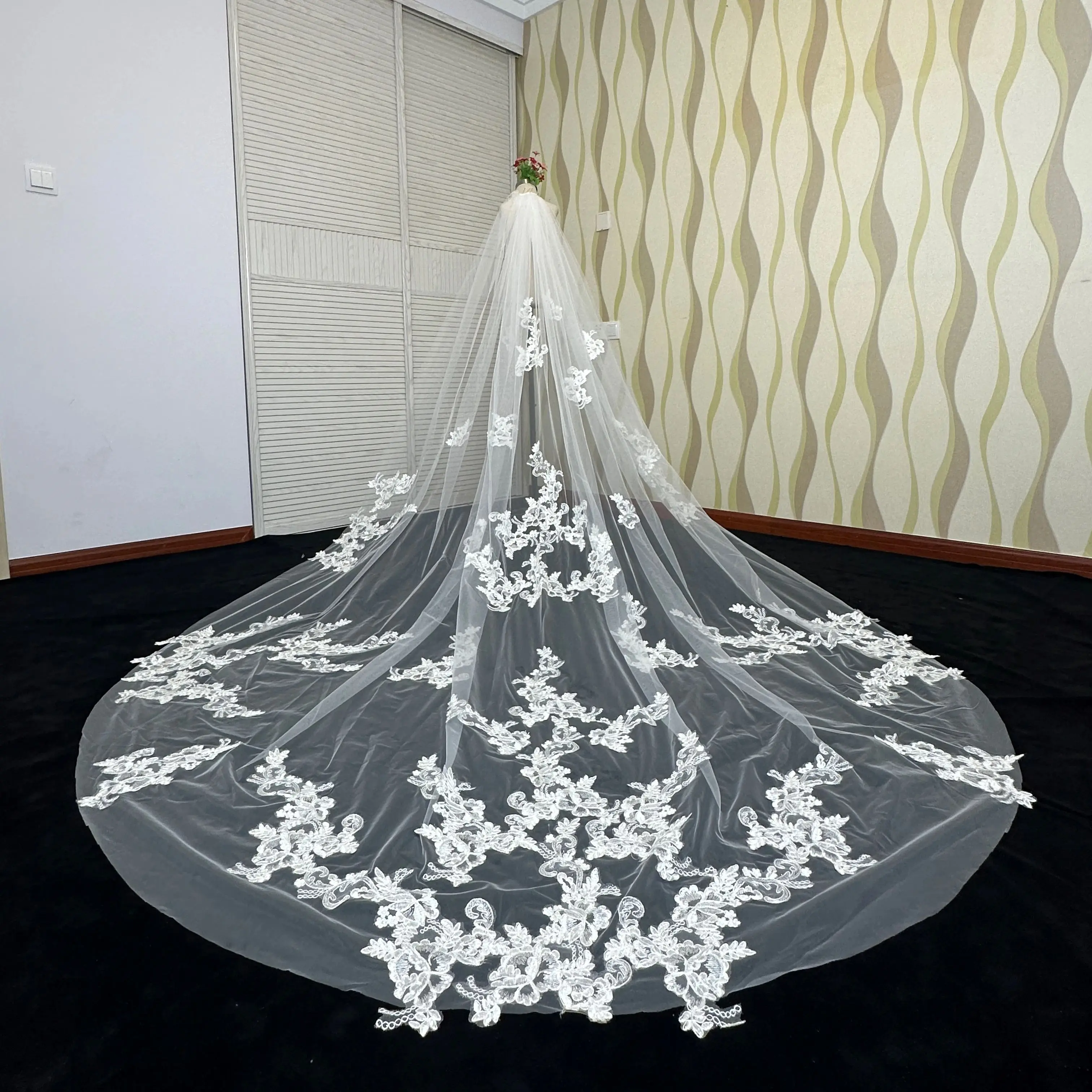 

Elegant Wedding Accessories Appliques Tulle Long Cathedral Wedding Veils Lace Edge 1T Bridal Veils 3 Meters Veu De Noiva Longo