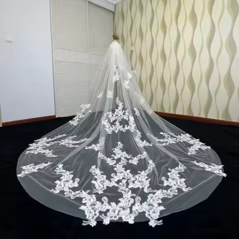 Elegant Wedding Accessories Appliques Tulle Long Cathedral Wedding Veils Lace Edge 1T Bridal Veils 3 Meters Veu De Noiva Longo