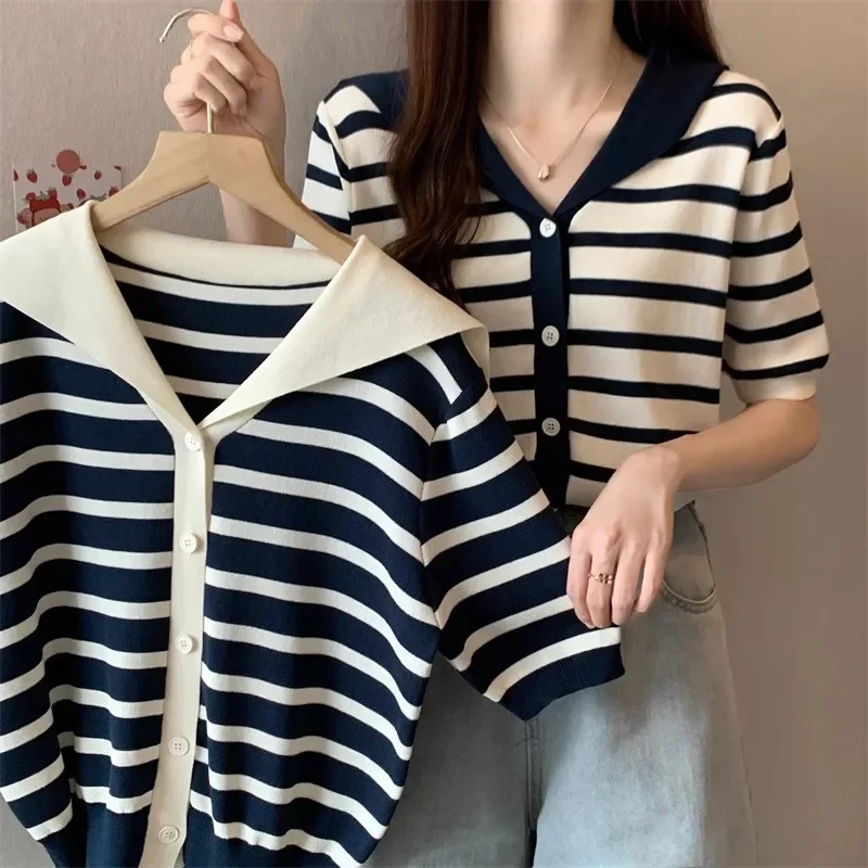

Summer New Arrival Ice Silk Knitted Top Polo Collar Striped Loose Short Sleeve Women's T-Shirt Casual 2025 Korean Cardigan
